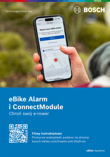 Broszura ze zdjęciem produktu eBike Alarm i moduł Connect.