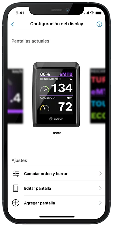 Captura de pantalla del display del smartphone que muestra la configuración en la aplicación eBike Flow, incluyendo posibles ajustes.