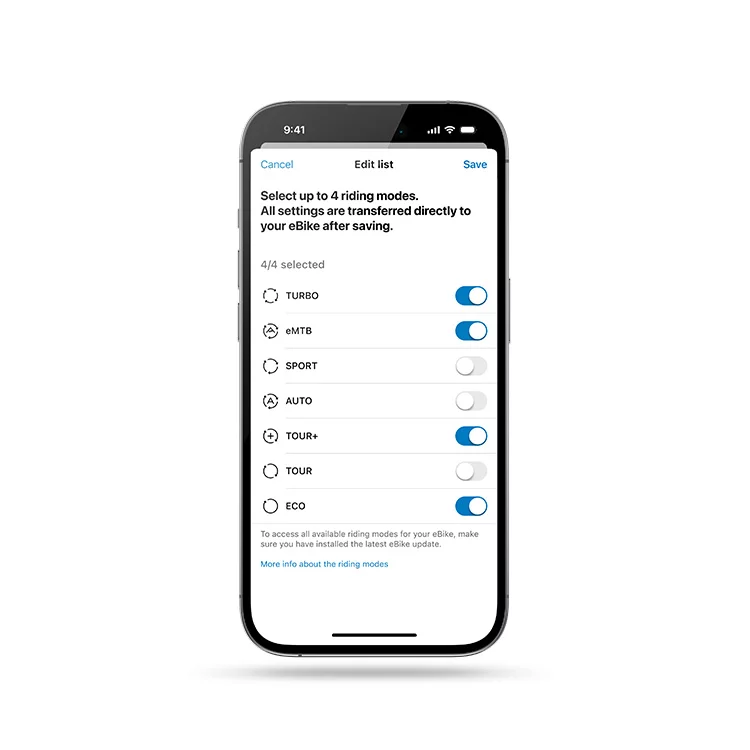 Isolated smartphone displaying the eBike Flow app with the mode selection screen.
