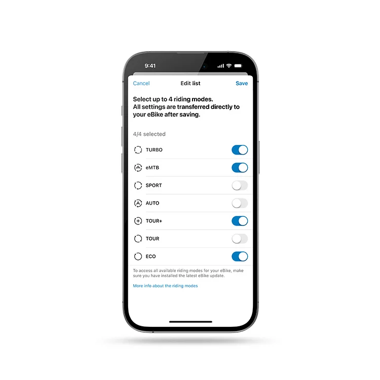 Isolated smartphone displaying the eBike Flow app with the mode selection screen.