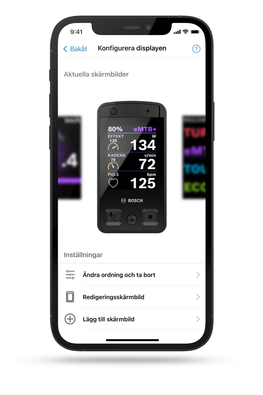 Skärmdump av en smartphone-display som visar navigering i eBike Flow-appen, inklusive karta, ruttsammanfattning och inställningar för ruttvägledning.