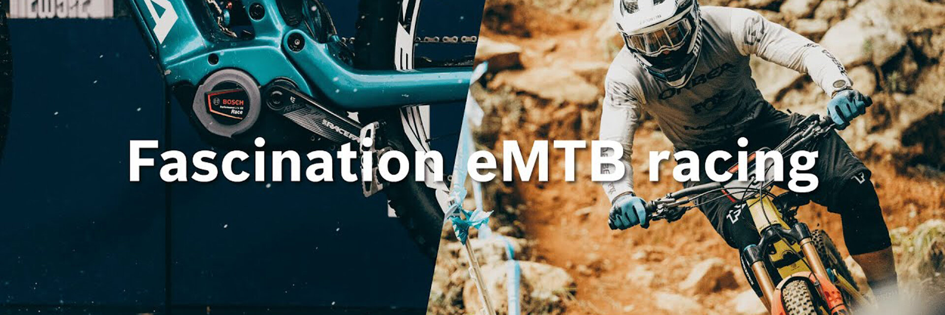 Youtube Thumbnail: Close-up of a turquoise eBike and the Performance Line Race on the left, with a eMountain bike rider descending a stony hill on a marked trail to the right. "Bosch eBike Systems" is displayed on the bottom left, and the Bosch logo is on the bottom right. In the middle is written "Fascination eMTB racing".