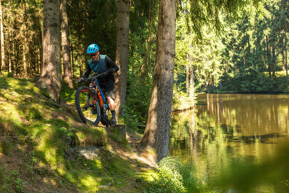 Enduro-Profi André Wagenknecht fährt mit seinem eMountainbike eine steile Böschung im Wald hinauf