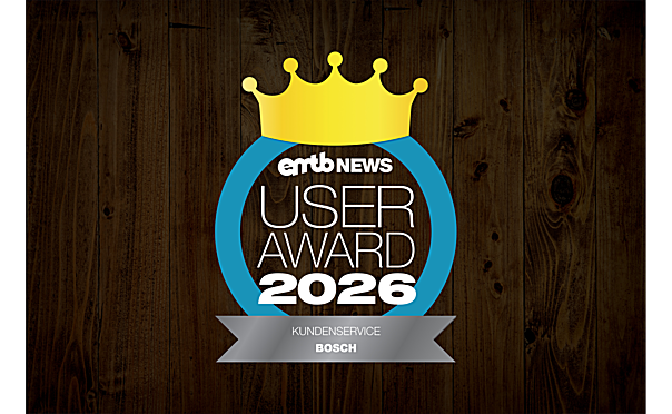 The 'emtb NEWS User Award 2026' seal, awarded to Bosch for outstanding customer service.