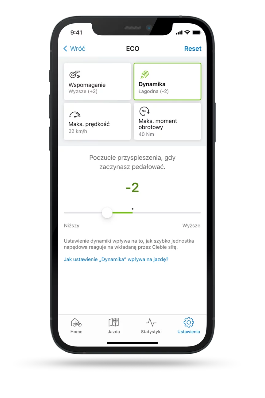 Freigestellony screenshot aplikacji eBike Flow z otwartym ustawieniem dynamiki jazdy w trybie ECO.