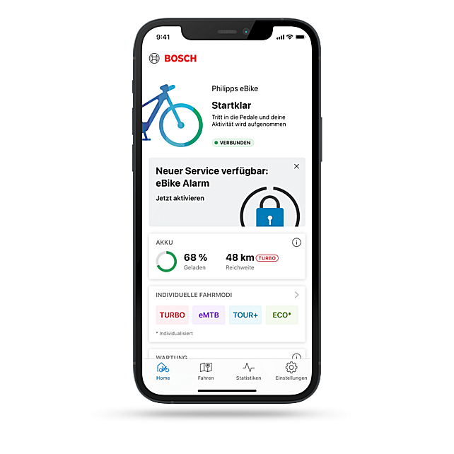 Screenshot des Home-Tabs der eBike Flow App, der den neuen eBike Alarm Service zeigt, der eine zusätzliche Sicherheitsfunktion für eBike-Nutzer bietet.