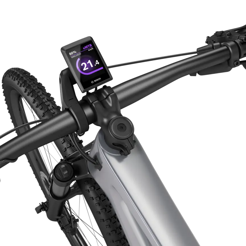 Zoom in op het stuur van een free-cut eBike, waarop een Kiox 300 te zien is.