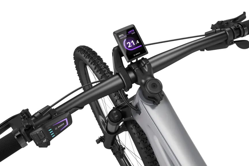 Zoom in op het stuur van een free-cut eBike, waarop een Kiox 300 te zien is.