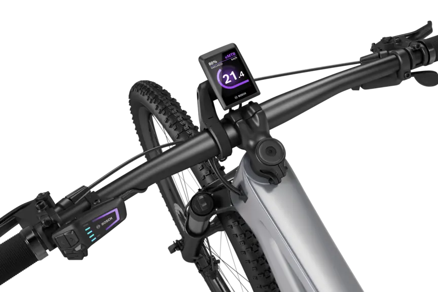 Zoom in op het stuur van een free-cut eBike, waarop een Kiox 300 te zien is.