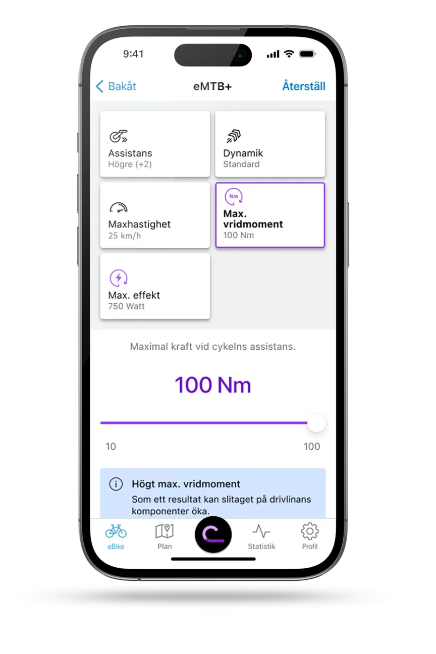 EBike Flow-appens skärm med visning av prestandainställningen.