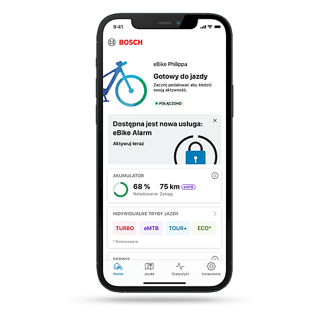 Zrzut ekranu karty głównej aplikacji eBike Flow prezentujący nową usługę alarmową eBike, która zapewnia dodatkową funkcję bezpieczeństwa dla użytkowników rowerów elektrycznych.