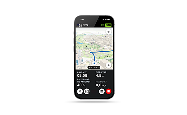 Skärmbild av en telefon med eBike Flow-appen öppen som visar funktionen för 3D-kartvisning.