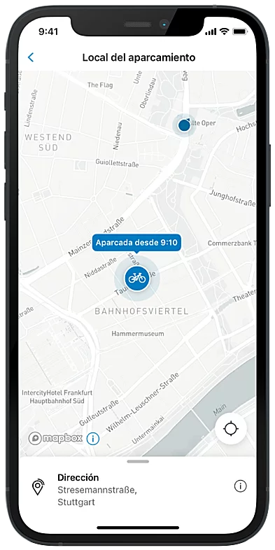Captura de pantalla del display del Smartphone, que muestra la posición de estacionamiento del eBike en la aplicación eBike Flow en un mapa.