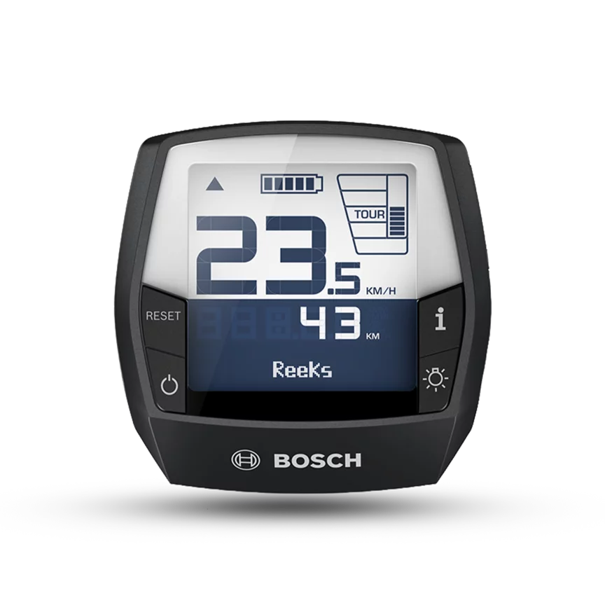 Het Intuvia display van het Bosch eBike-systeem 2, vrijstaand tegen een witte achtergrond. Het display toont duidelijk de snelheid in km/u en de actieradius in km. Daarnaast geeft het display het batterijniveau en de rijmodus weer.