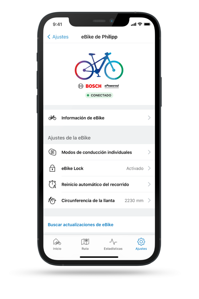 Captura de pantalla de un teléfono con la aplicación eBike Flow abierta muestra información y configuración para el eBike especificado.