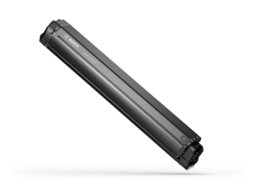 Der Akku PowerTube625 freigestellt vor schwarzem Hintergrund.