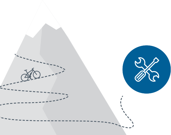 Grafische Darstellung eines eBikes, das einen Berg hinauffährt, daneben Icon mit Werkzeug