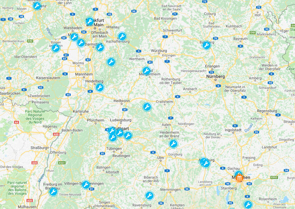 Ausschnitt Deutschland-Karte mit Bosch eBike Systems Fachhändlern