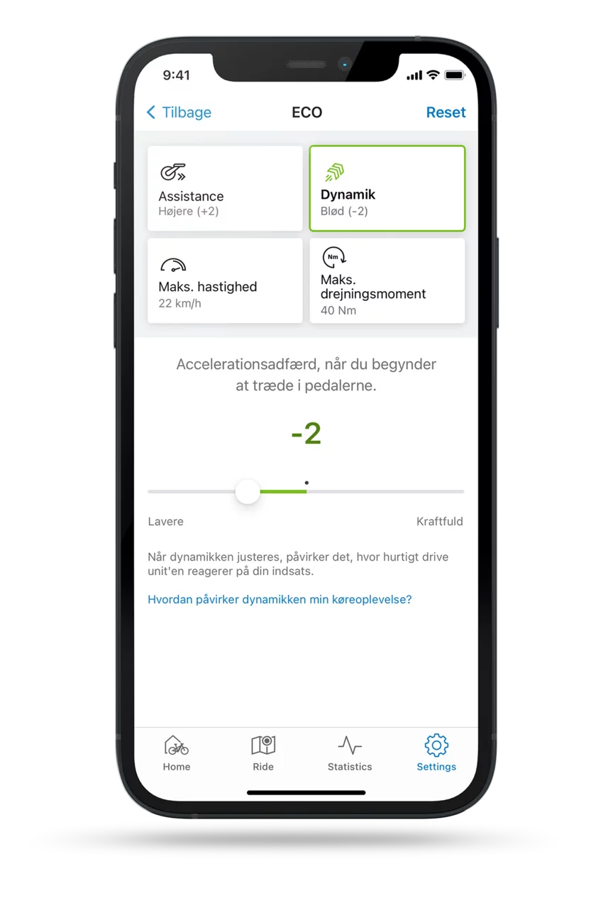 Isoleret skærmbillede af eBike Flow-app med åben indstilling for køredynamik i ECO-tilstand.