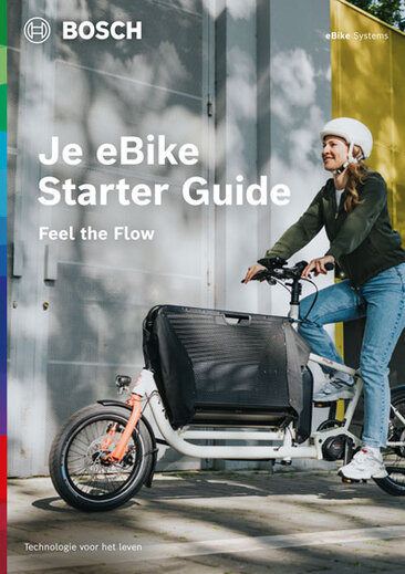 Omslag van een productbrochure met de tekst "Your eBike Starter Guide" en daaronder "Feel the Flow". Op de achtergrond zie je een eBiker. Rechtsboven staat "eBike Systems".