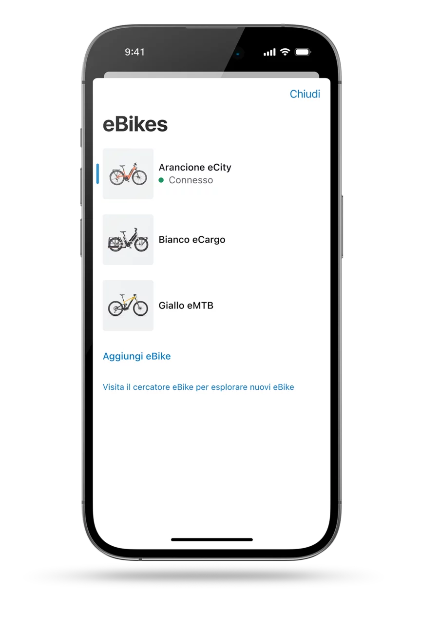 App eBike Flow schermata raffigurata singolarmente. La schermata presenta il garage digitale dell'App eBike Flow, che mostra tre diversi modelli di eBike.