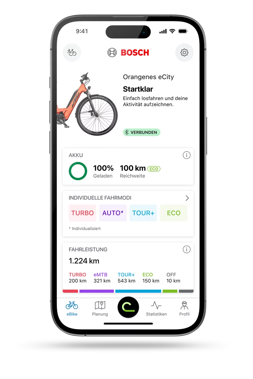 Startbildschirm der eBike Flow App für IOS freigestellt auf einem Smartphone.