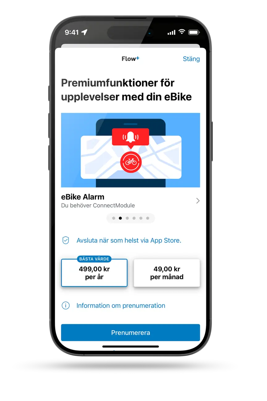 Frilagd smartphone som visar Flow+ prenumerationsalternativ. Dessutom visas premiumfunktionen eBike Alarm.