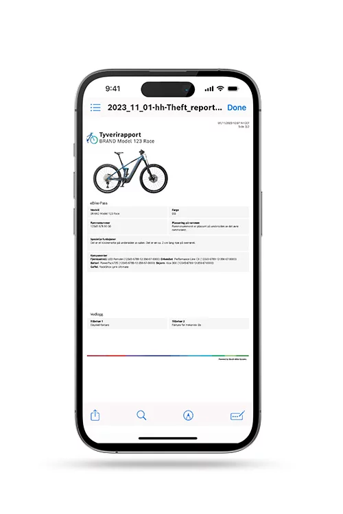 På en frakoblet smarttelefon vises en stjålet rapport i eBike Flow-appen.