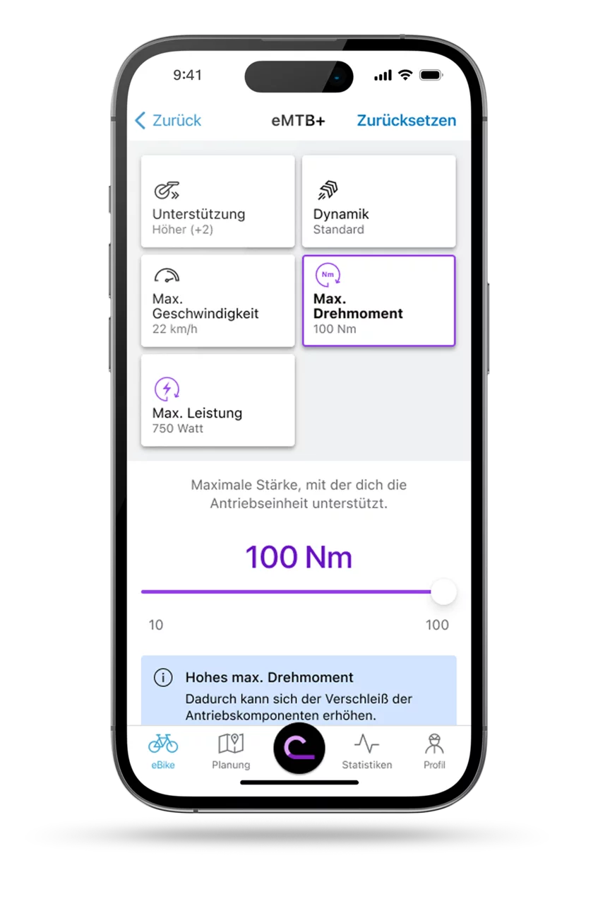 EBike Flow App Screen mit Anzeige der Performance Einstellung abgebildet.