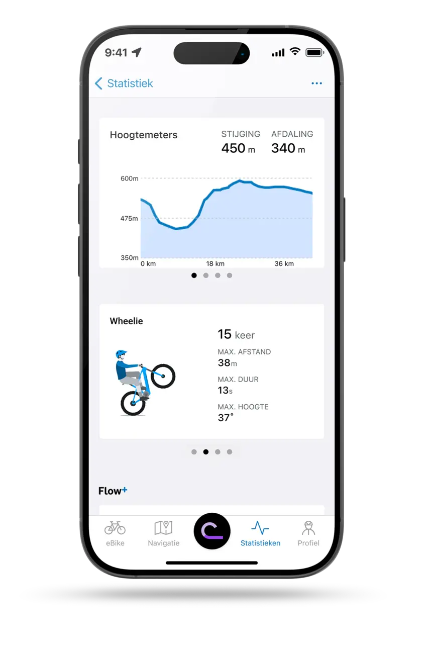 Screenshot van een smartphonescherm waarop de statistiekpagina van de eBike Flow-app te zien is. Bovenaan staat een hoogtekaart met stijging en daling, daaronder "wheelie"-statistieken met maximumwaarden. Onderaan de navigatiebalk met "eBike", "Planning", het flow-symbool, "Statistieken" en "Profiel".