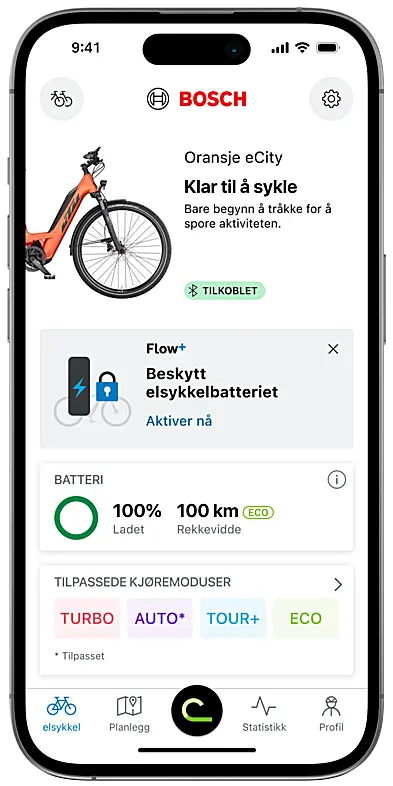 Skjermbilde av eBike Flow-app: Startskjerm med en melding om funksjonen «Beskytt elsykkelbatteri» og muligheten til å teste gratis.