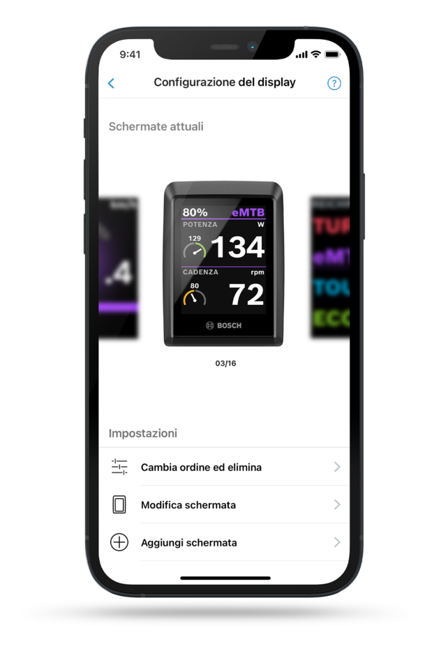 Scatto dello schermo del telefono che mostra la configurazione del display nell'app eBike Flow, inclusi eventuali impostazioni.