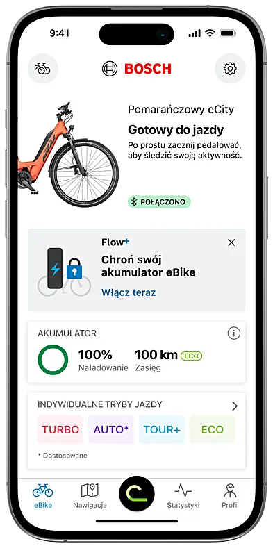 zrzut ekranu aplikacja eBike Flow: ekran startowy z informacją o funkcji „Chroń swoje akumulator eBike” oraz możliwością bezpłatnego testu.