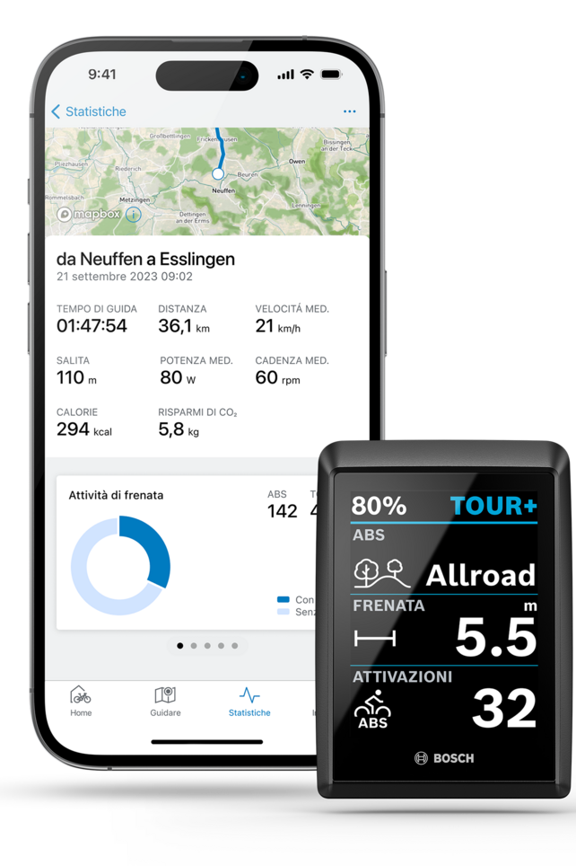 Un Smartphone e un Kiox Display Bosch sono mostrati in diagonale. Sullo schermo del Smartphone è visualizzato un percorso con i relativi dati. Sul display del Kiox sono visibili le impostazioni per "ABS", "Spazio di frenata" e "Attivazioni".