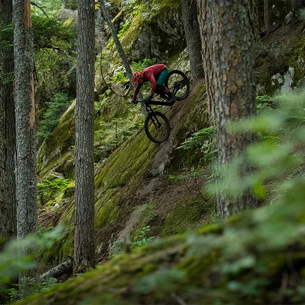 Le cycliste en VAE descend une pente raide dans la forêt.