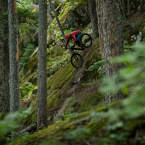 Een eBike-rijder daalt een steile helling af in het bos.
