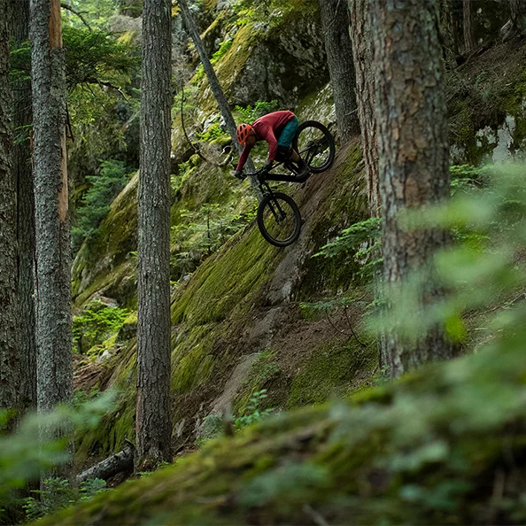El ciclista de la eBike baja por una empinada pendiente en el bosque.
