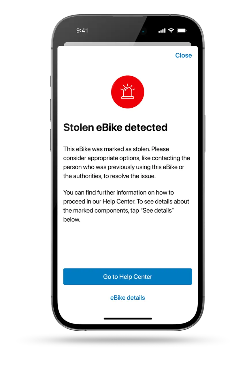 Warning message about stolen eBike and what to do next.
