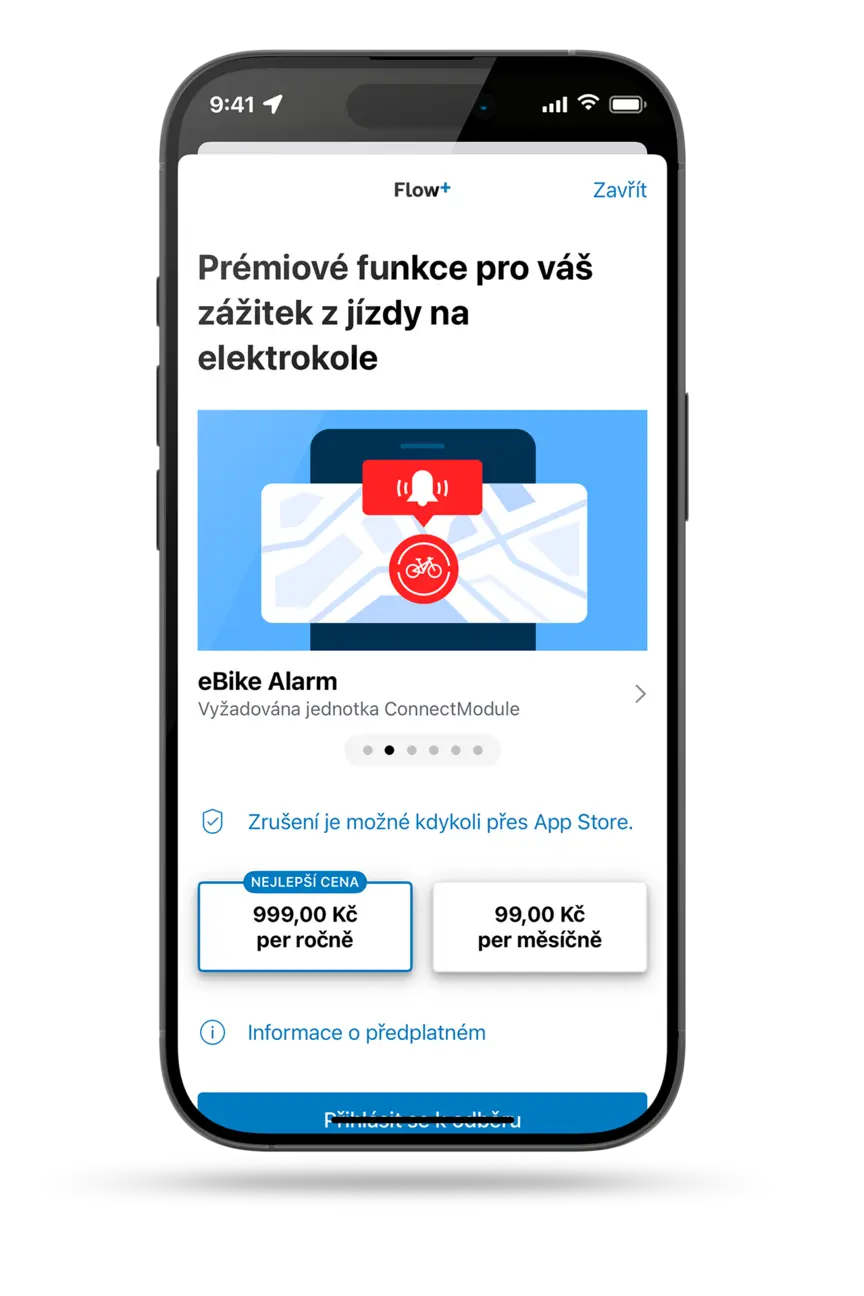 Oříznutý smartphone zobrazuje možnosti předplatného Flow+. Nechybí ani prémiová funkce eBike Alarm.