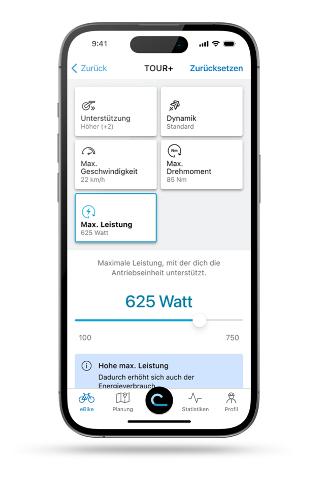 Smartphone, das die Einstellung der Leistungswerte in der eBike Flow App zeigt.