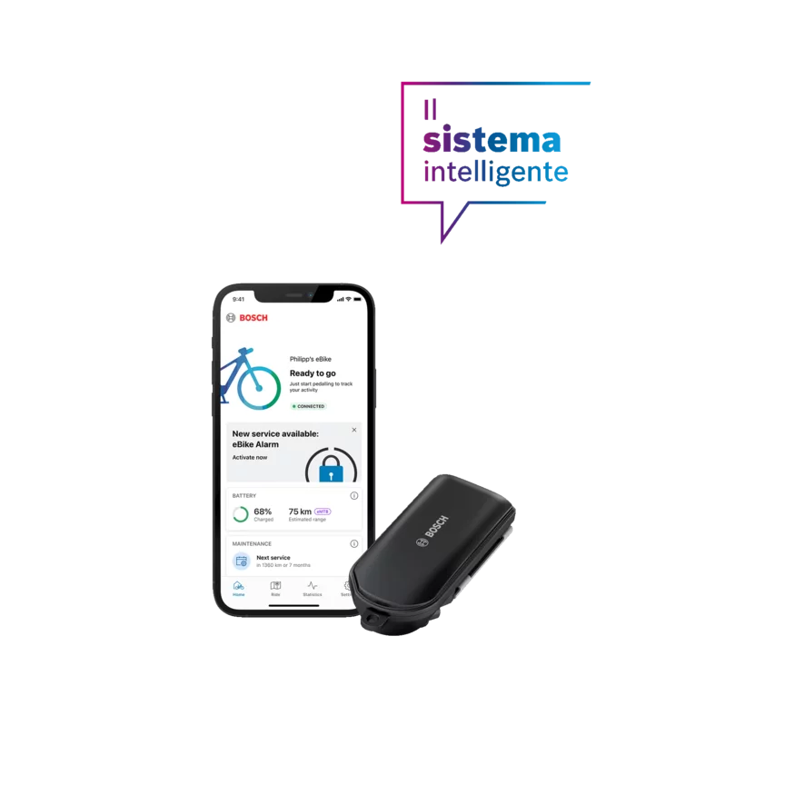 Uno smartphone mostra la home page dell'app eBike Flow e il modulo Connect dell'allarme eBike, entrambi isolati su uno sfondo grigio. Sopra di essi fluttua un fumetto viola e blu con la scritta "The smart system".