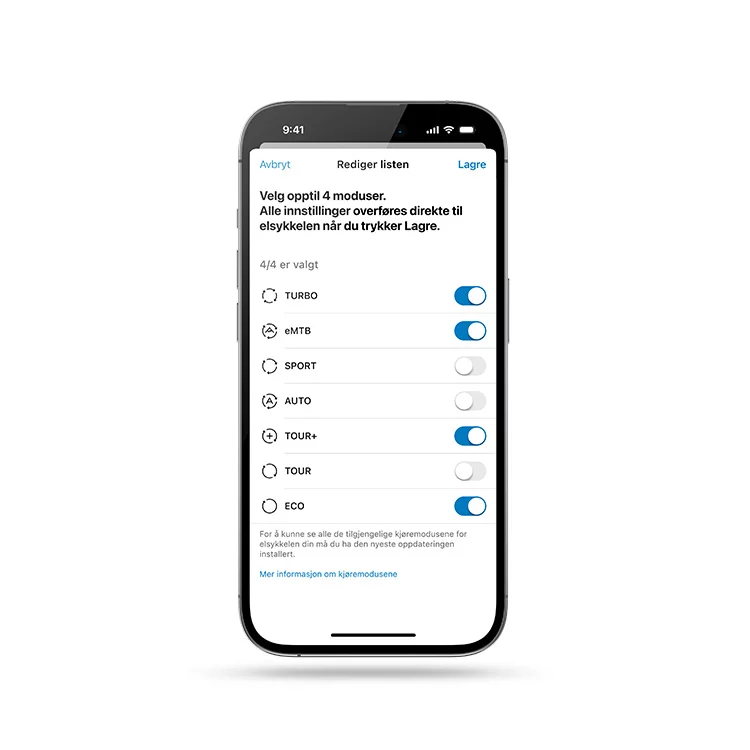 Beskåret smarttelefon med åpen eBike Flow-app der modusvalget vises.