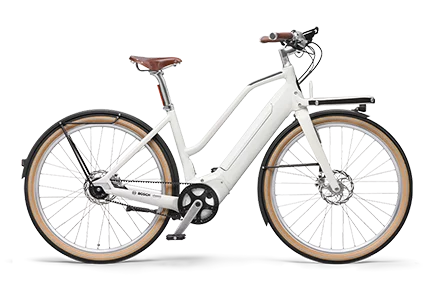 White eBike with the 'Bosch' logo on the frame. Image shown in isolation.
