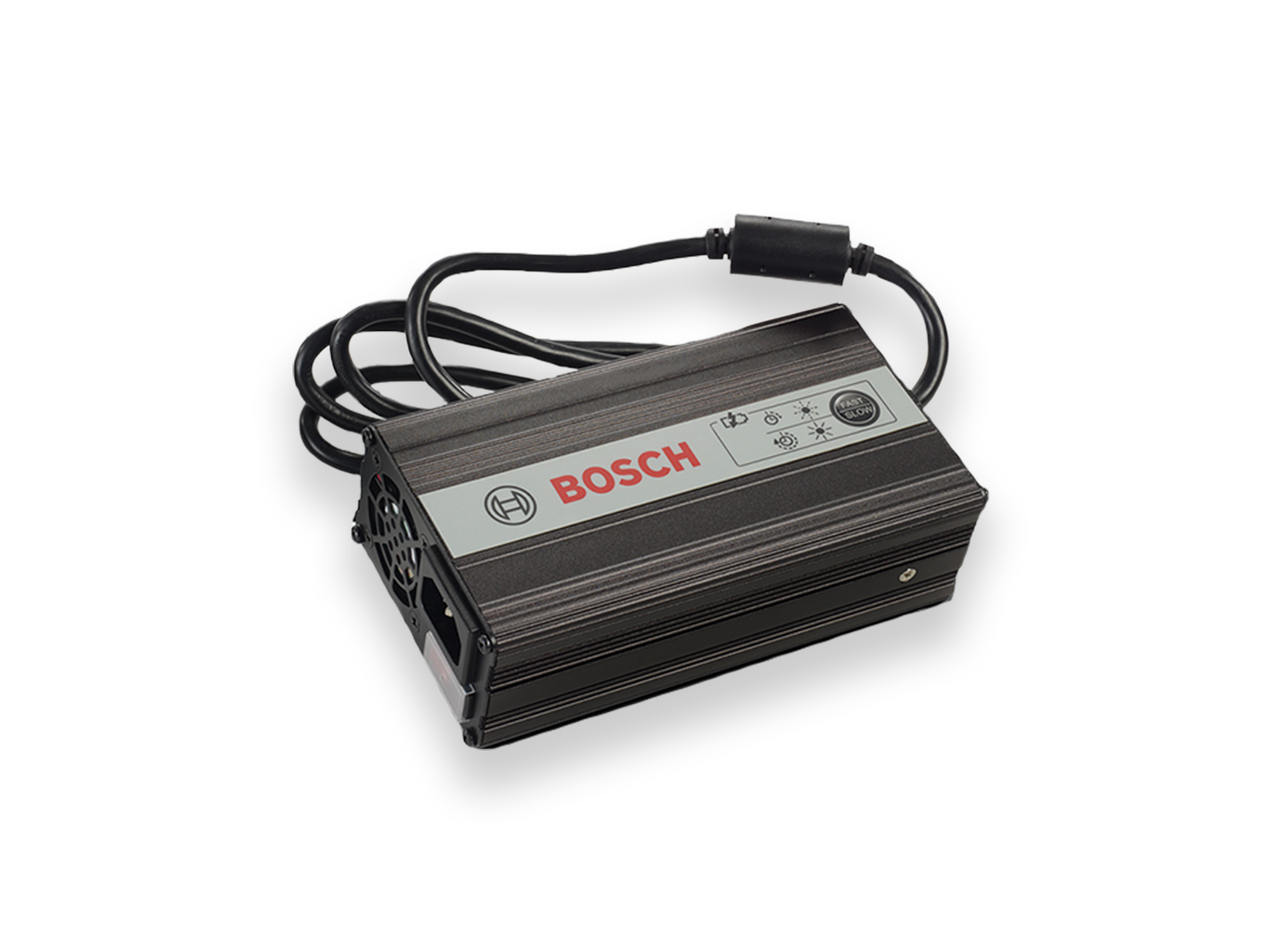 Chargeur de Bosch eBike Systems isolé sur fond blanc.