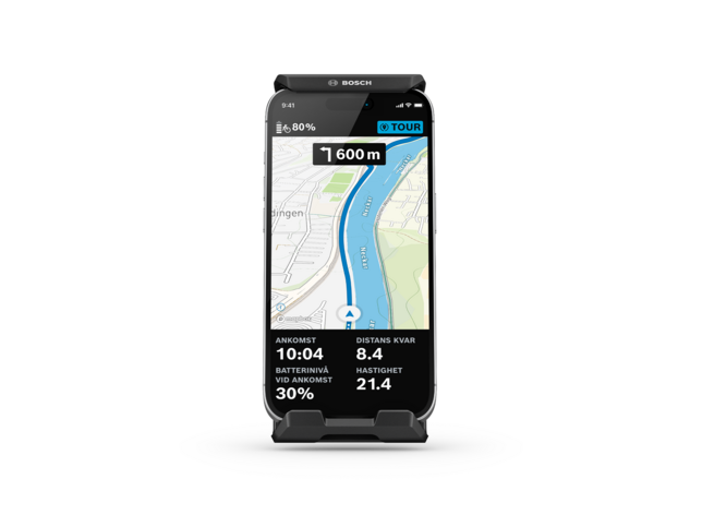 En klippt smartphone som fungerar som en cykeldator och är fastklämd i SmartphoneGrip Vertical. Den visar navigationsskärmen.