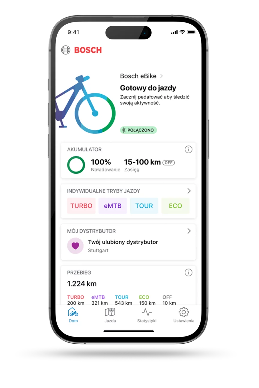 Smartfon z otwartą stroną startową aplikacji eBike FlowApp.
