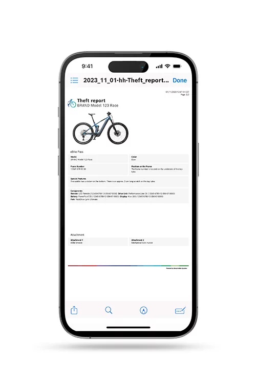 An exempt [Smartphone] displays a [theft report] in the [eBike Flow App].