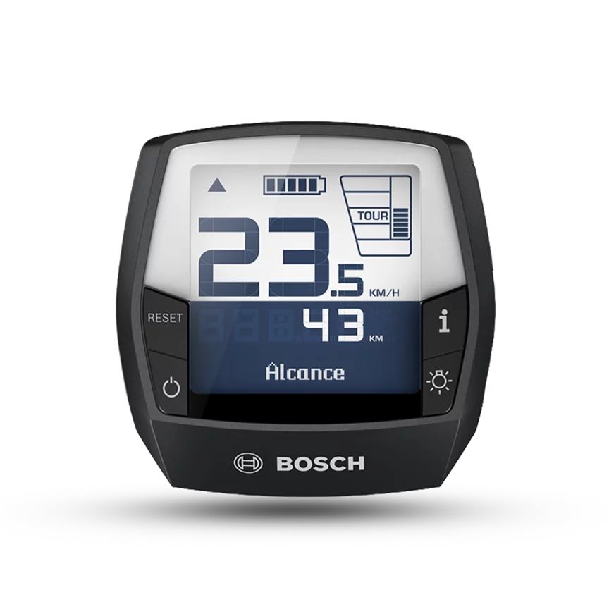 La Intuvia Display del sistema Bosch eBike 2 aislada sobre un fondo blanco. El display muestra la velocidad en km/h en un formato grande, así como la autonomía en km. Además, el display indica el estado de la batería y el modo de conducción.