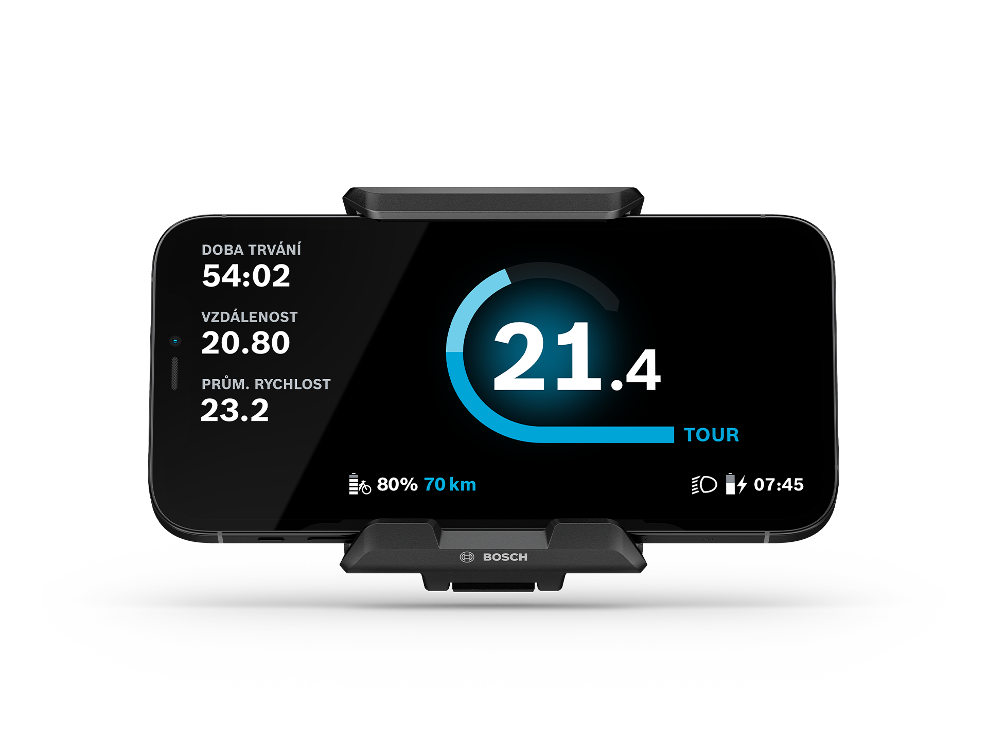 Freigestellte Darstellung des SmartphoneGripu s chytrým telefonem v režimu prohlídky na světle šedém pozadí.