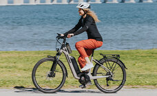 An eBiker in side profile rides along the coast, with a bridge in the background.